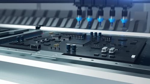 Production of electronics Microcircuits and Chips . robot assembles system boards. Loop Animation