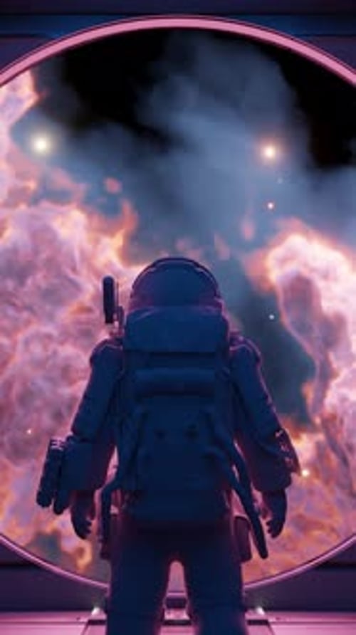 Astronaut Stares into Cosmic Portal with Nebula Animation