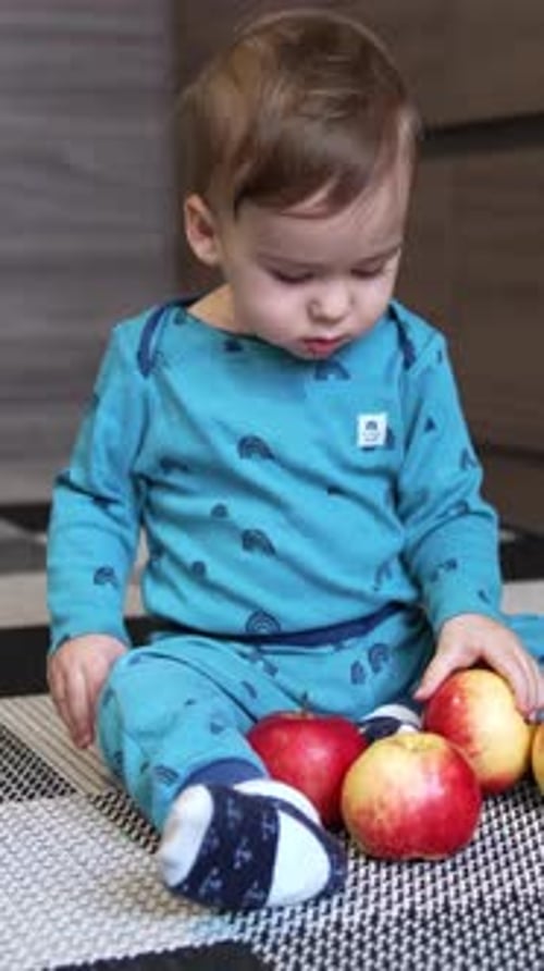 Infant Sits with Apples in Natural Light
