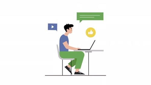 Flat Design Animation: Man Typing Laptop, Social Media Interactions