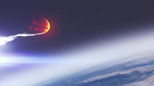 Fiery Celestial Body with Smoke Trail Approaching Earth