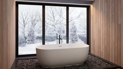 Modern Bathroom Bathtub Overlooking Snowy Winter Landscape