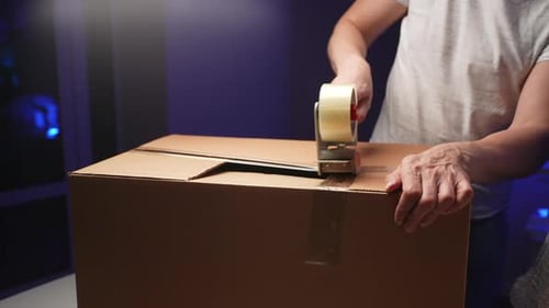 Small Business Owner Business Man Packing Boxes to Send to Buyers Customers at Dark Logistics Center