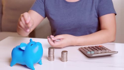 Women using calculators and putting coins in a piggy bank, saving money concept. Future needs loan e