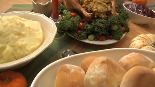 Thanksgiving Turkey and Meal on Table, Flyover Autumn