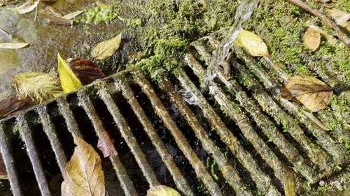 Water drainage grate with stream falling down in slow motion, 4K120 slowed done to 4K30
