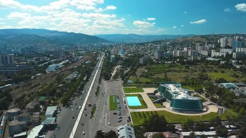 Drone Shot of the Glass Building of the Ministry of Internal Affairs of Georgia in Tbilisi