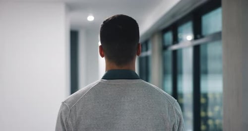 Business, man and walking with back in office for coffee break, professional career