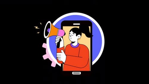 Animated Flat Design Mobile Marketing Concept with Megaphone and Woman