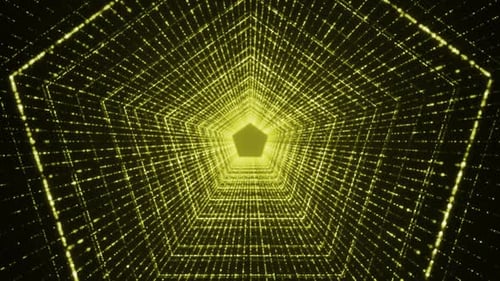 abstrakter Hintergrund mit Pentagon-Tunnelpartikeln, gelber, schleifenförmiger Hintergrund