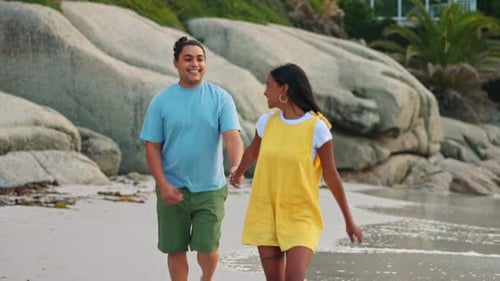 Running, beach and couple happy together and holding hands on an outdoor holiday