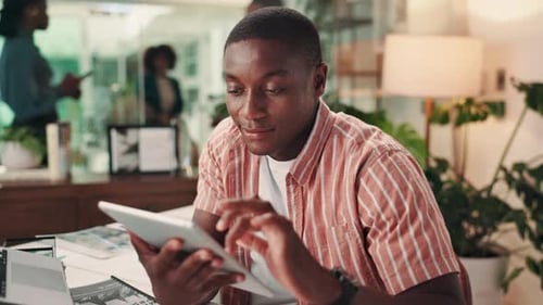 Tablet, happy and black man in office with research for company event planning with budget
