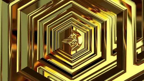 Mouvement à travers un tunnel de formes dorées, reflet, exclusif, rendu 3D, arrière-plan