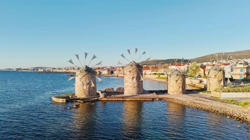 Ancient Mills on Aegean Sea Shore in Chios Island Greece