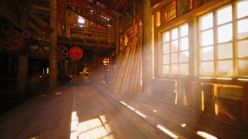 Sunlight Streams Through Windows in a Rustic Workshop Filled with Tools