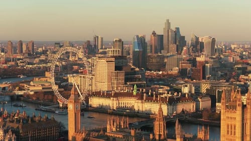 Iconic London Cityscape Featuring Palace of Westminster Big Ben and London Eye with Financial