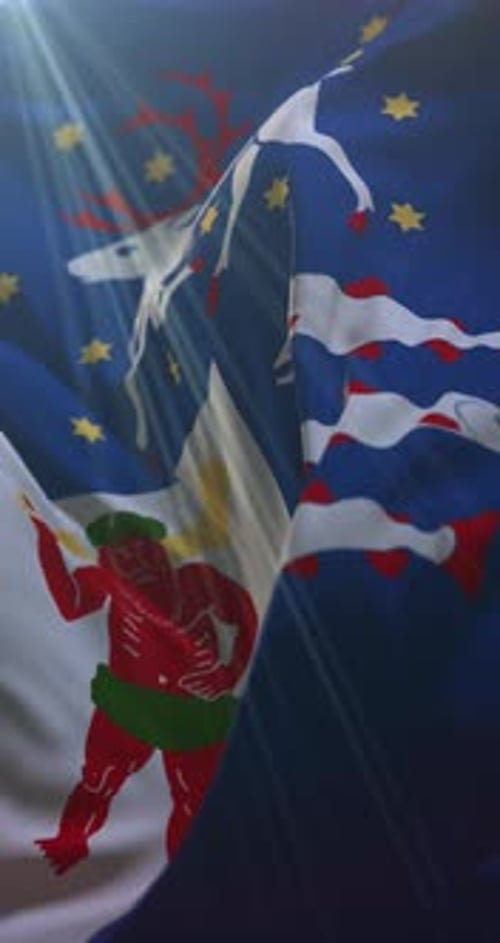 Animated Waving Flag with Deer, Fish, and Human Symbols