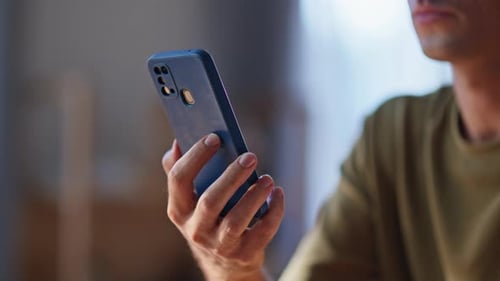 Man Hands Holding Mobile Phone Relaxing Home Closeup Unknown Freelancer Online