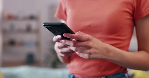 Phone, hands or home woman typing blog post, check email or search internet