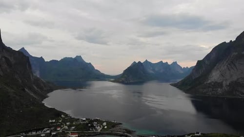 Fjord And Mountains Landscape. Lofoten Islands Norway