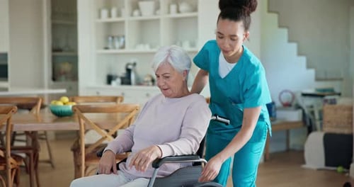 Caregiver, nursing home and senior woman in wheelchair for medical service