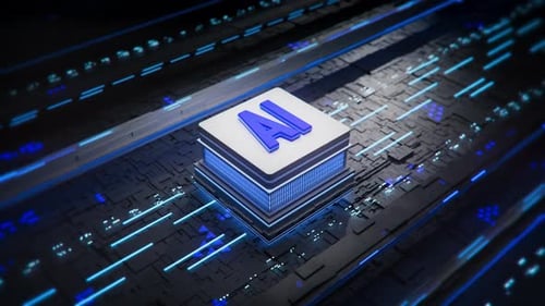 Futuristic AI Processor Chip on Digital Circuit Board Data Flow Animation