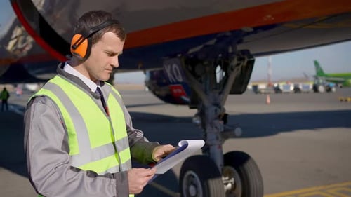 Airport Safety Worker Man with Walkie Talkie Checking Airplane Aircraft Aviation Engineer Engine