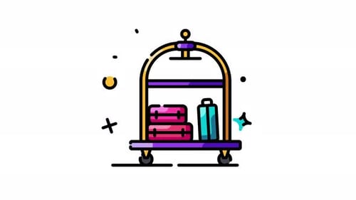 Colorful Animated Bellhop Cart with Travel Luggage