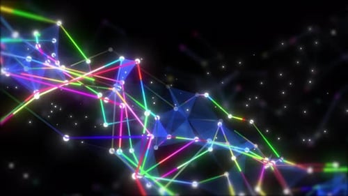Futuristic High Tech Network Background. Abstract Plexus Dot Moving On Black Bg, Polygonal Network
