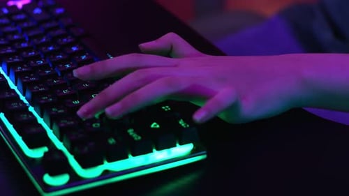 Hands Gamer Girl Using The Keyboard While Playing Video Game