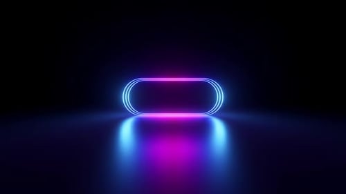 líneas de neón azul rosado brillante, aparece un marco en blanco geométrico redondeado y se amplía