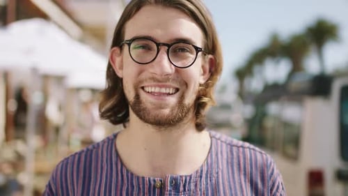 Summer, travel and face of man in Miami enjoying holiday, weekend getaway