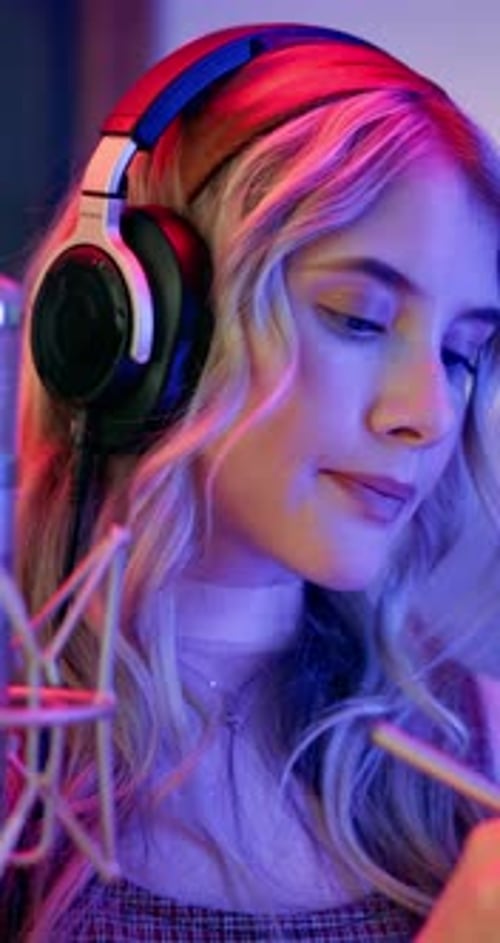 Thinking, woman or singer writing in studio for song composition, creative process