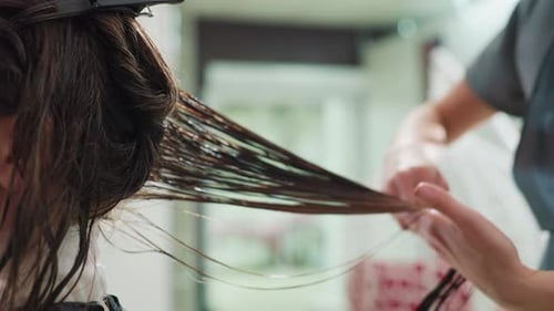 Stylist Trims Damp Hair Carefully Closeup of Professional Haircutting Process Detailed View of