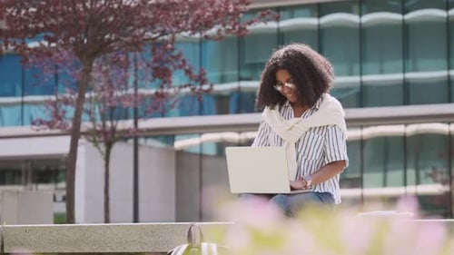 Young Happy African American Girl Student Using Laptop Studying in Park