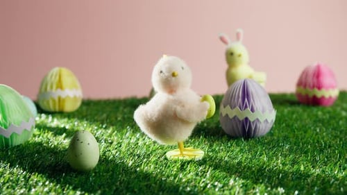 Colored Easter Eggs with Chicks in the Garden