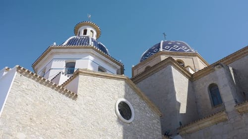 Spanish Church Building With Blue Roof Tiles In Tourist Holiday Vacation