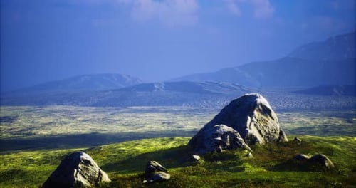 Scenic View of Expansive Landscape with Rocks Under a Blue Sky