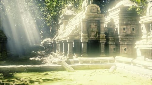 Illuminated Ruins with Sandstone Walls and Lush Jungle Surroundings