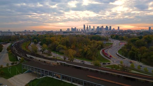 Beautiful panoramic aerial drone sunset view to Warsaw city center with skyscrapers and Swietokrzysk