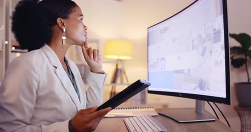 Computer screen, thinking and black woman for business research, analysis