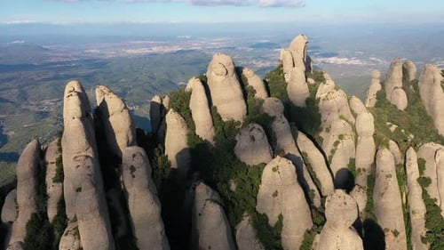 Aerial views of Montserrat peaks, a mountain range in Catalonia. Montserrat conglomerate crags
