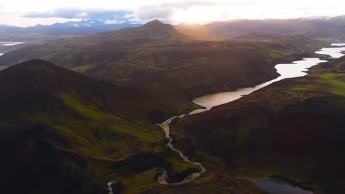 Aerial View of Maelifell Volcano Rivers and Lakes at Sunset
