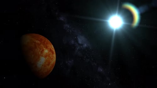 Rotierende Sonne, Planet, Kugelgalaxie im Weltraum mit Sonnensystem, unglaublicher Sonnenaufgang über der Sonne. 1985