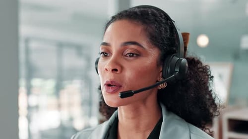 Business woman, consultant or talking with headset for call center communication