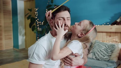 Father and Daughter Play Fairytale Dressed Like Fairies at Home Party Closeup Happy Little Girl