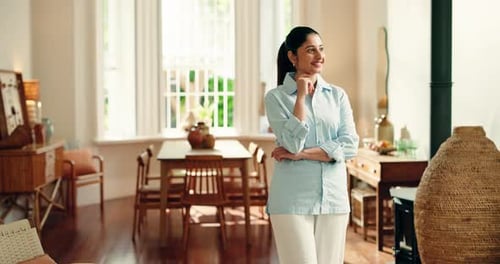 Home, thinking and woman in lounge, smile and relax with contemplation, ideas and daydreaming