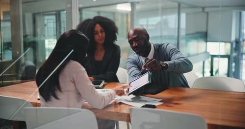 Teamwork, tablet and meeting with business people in office for planning, investment data and chart