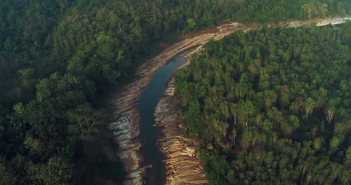 Morning fog drifting over tropical rainforest river aerial cinematic view