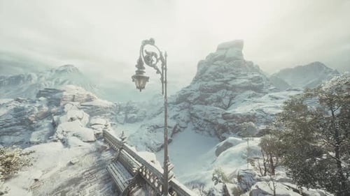 Animated Winter Mountain Landscape with Ornate Lamppost